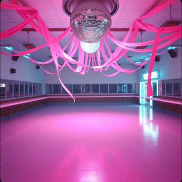 Glittering lights reflecting on the dancefloor of a roller rink