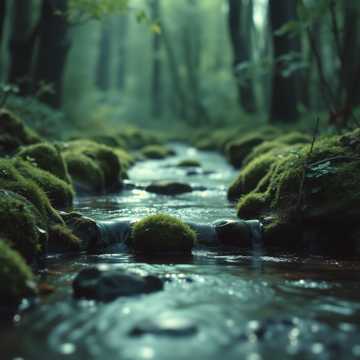 Gentle water flowing in a forest stream for relaxation