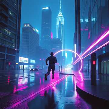 ネオンライトが至る所にある未来的なサイバーパンク都市の追跡